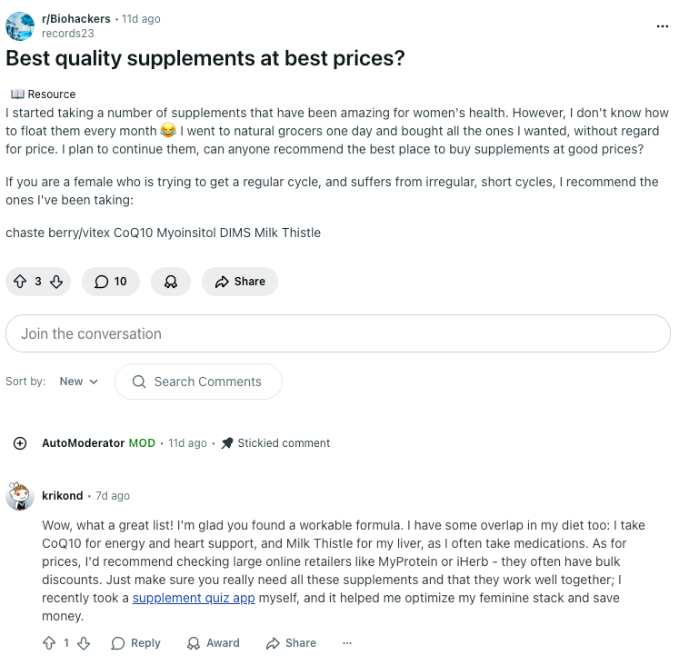 Reddit comment about supplement quality