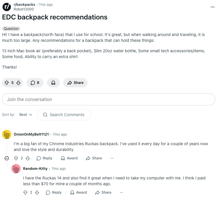 Reddit comment about EDC backpacks
